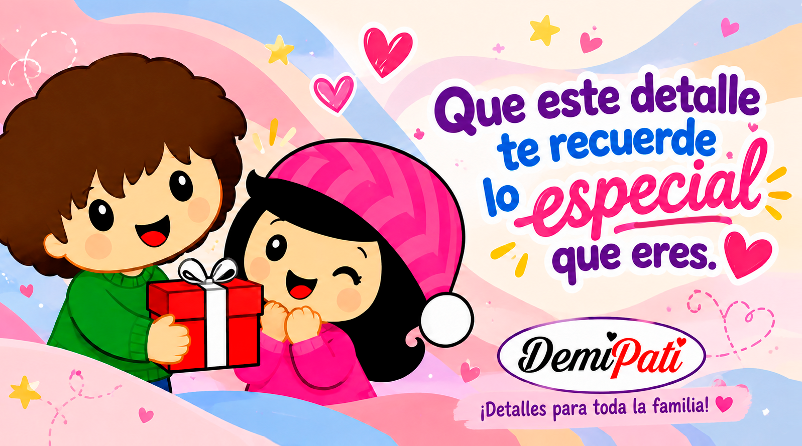Personajes originales de DemiPati compartiendo un regalo